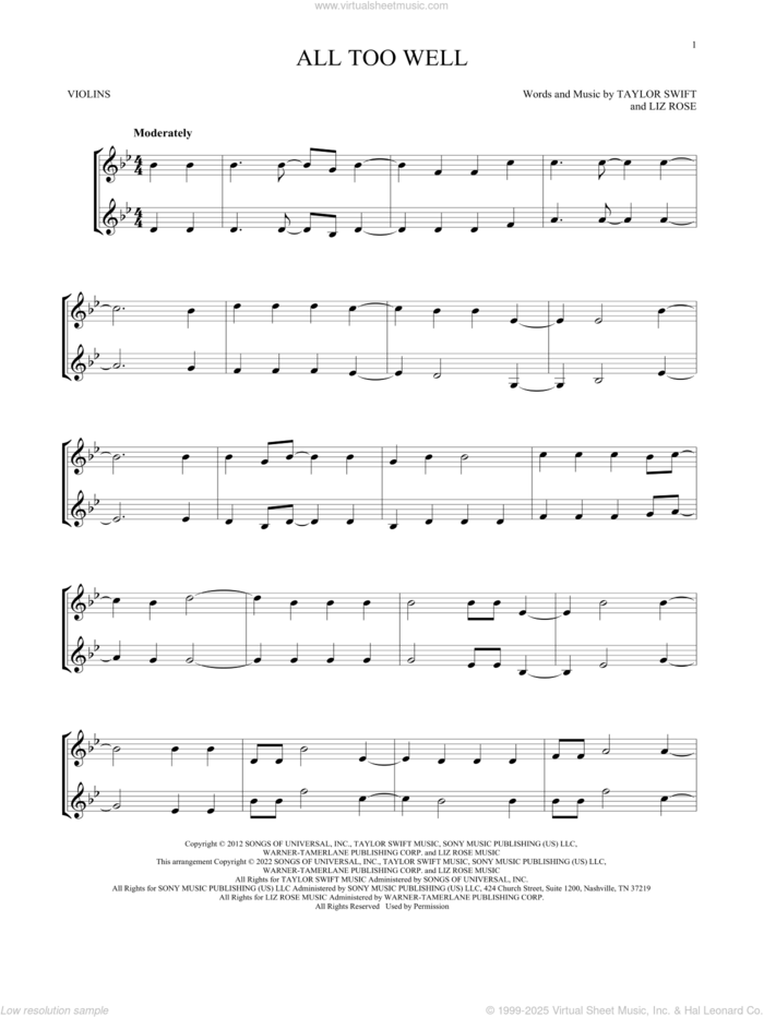 All Too Well sheet music for two violins (duets, violin duets) by Taylor Swift and Liz Rose, intermediate skill level