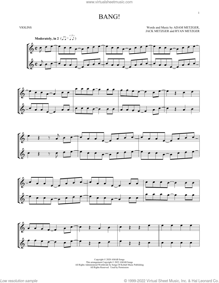 Bang! sheet music for two violins (duets, violin duets) by AJR, Adam Metzger, Jack Metzger and Ryan Metzger, intermediate skill level