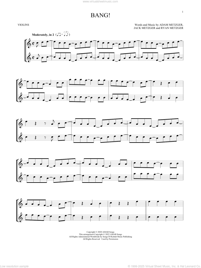 Bang! sheet music for two violins (duets, violin duets) by AJR, Adam Metzger, Jack Metzger and Ryan Metzger, intermediate skill level