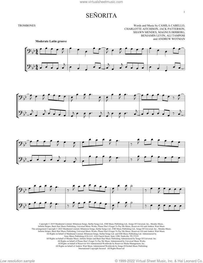 Senorita sheet music for two trombones (duet, duets) by Shawn Mendes & Camila Cabello, Ali Tamposi, Andrew Wotman, Benjamin Levin, Camila Cabello, Charlotte Aitchison, Jack Patterson, Magnus Hoiberg and Shawn Mendes, intermediate skill level