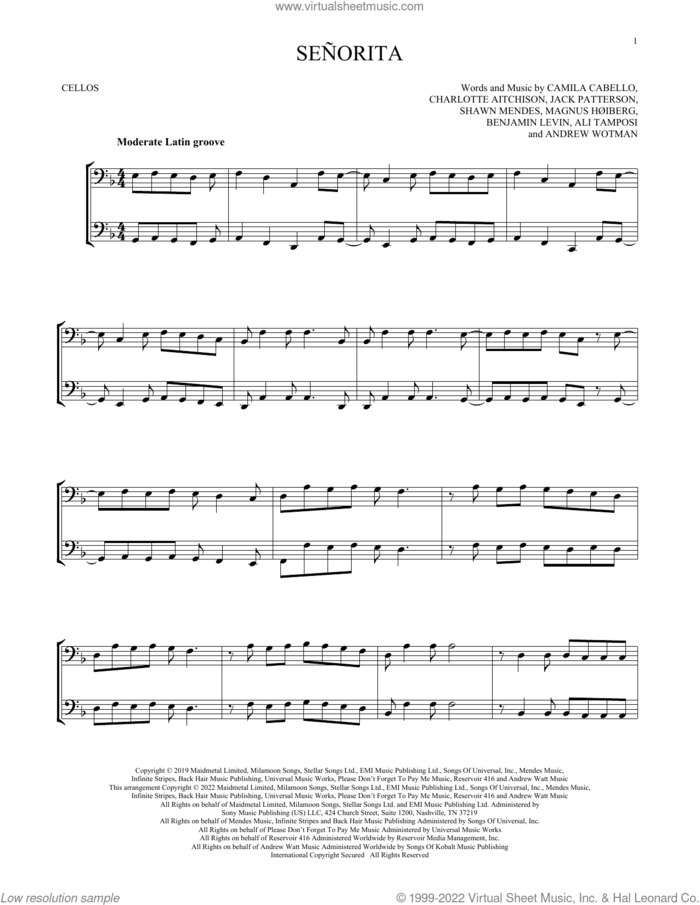 Senorita sheet music for two cellos (duet, duets) by Shawn Mendes & Camila Cabello, Ali Tamposi, Andrew Wotman, Benjamin Levin, Camila Cabello, Charlotte Aitchison, Jack Patterson, Magnus Hoiberg and Shawn Mendes, intermediate skill level