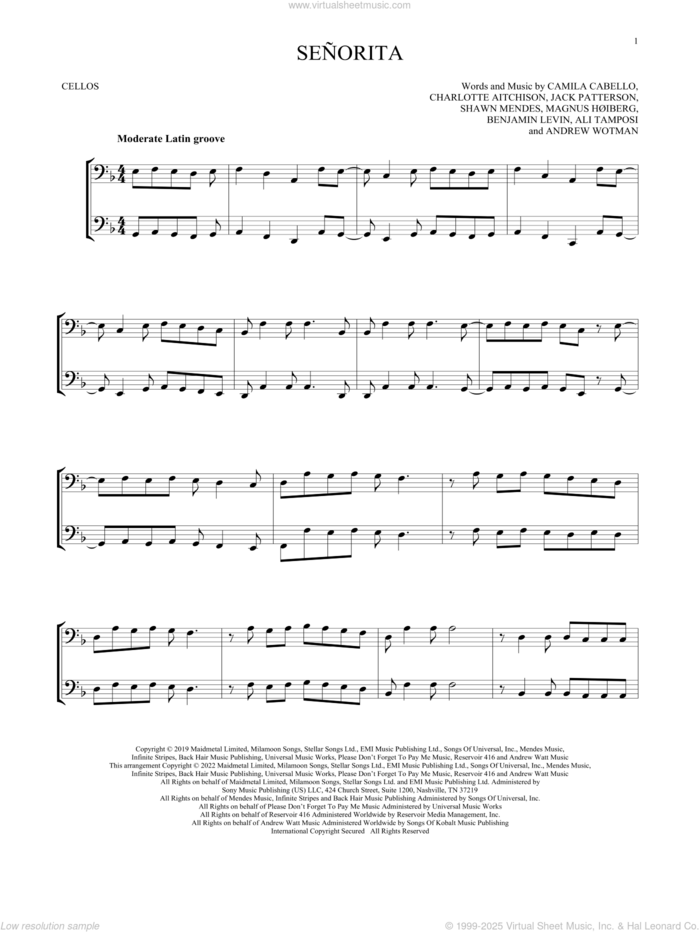 Senorita sheet music for two cellos (duet, duets) by Shawn Mendes & Camila Cabello, Ali Tamposi, Andrew Wotman, Benjamin Levin, Camila Cabello, Charlotte Aitchison, Jack Patterson, Magnus Hoiberg and Shawn Mendes, intermediate skill level