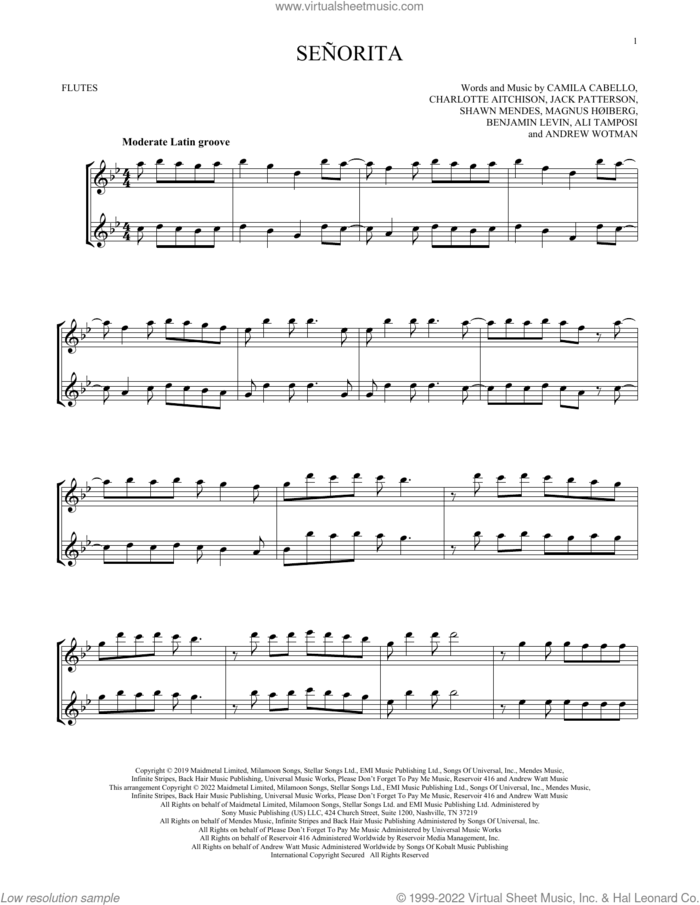 Senorita sheet music for two flutes (duets) by Shawn Mendes & Camila Cabello, Ali Tamposi, Andrew Wotman, Benjamin Levin, Camila Cabello, Charlotte Aitchison, Jack Patterson, Magnus Hoiberg and Shawn Mendes, intermediate skill level