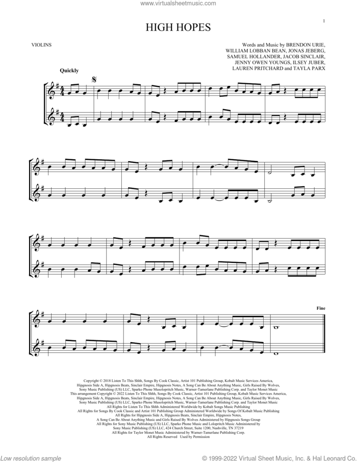 High Hopes sheet music for two violins (duets, violin duets) by Panic! At The Disco, Brendon Urie, Ilsey Juber, Jacob Sinclair, Jenny Owen Youngs, Jonas Jeberg, Lauren Pritchard, Sam Hollander, Tayla Parx and William Lobban Bean, intermediate skill level