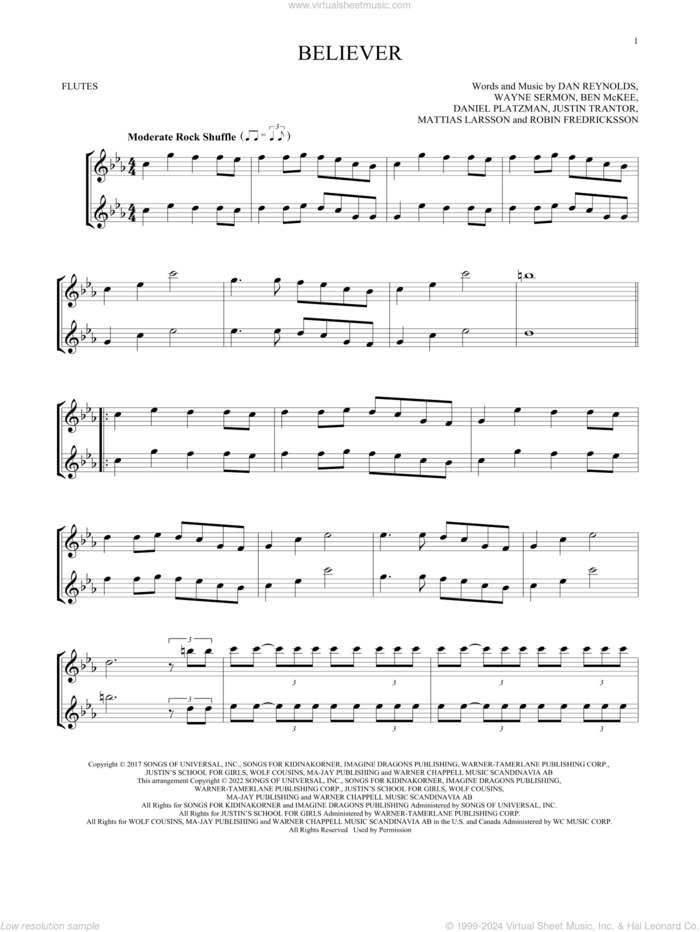 Believer sheet music for two flutes (duets) by Imagine Dragons, Ben McKee, Dan Reynolds, Daniel Platzman, Justin Tranter, Mattias Larsson, Robin Fredriksson and Wayne Sermon, intermediate skill level