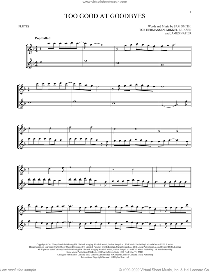 Too Good At Goodbyes sheet music for two flutes (duets) by Sam Smith, James Napier, Mikkel Eriksen and Tor Erik Hermansen, intermediate skill level