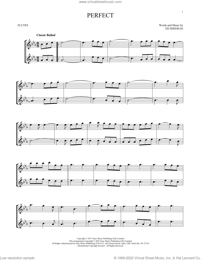 Perfect sheet music for two flutes (duets) by Ed Sheeran, intermediate skill level