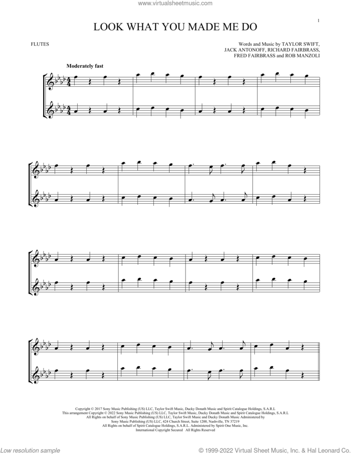 Look What You Made Me Do sheet music for two flutes (duets) by Taylor Swift, Fred Fairbrass, Jack Antonoff, Richard Fairbrass and Rob Manzoli, intermediate skill level