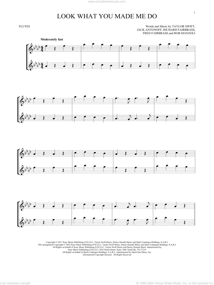 Look What You Made Me Do sheet music for two flutes (duets) by Taylor Swift, Fred Fairbrass, Jack Antonoff, Richard Fairbrass and Rob Manzoli, intermediate skill level