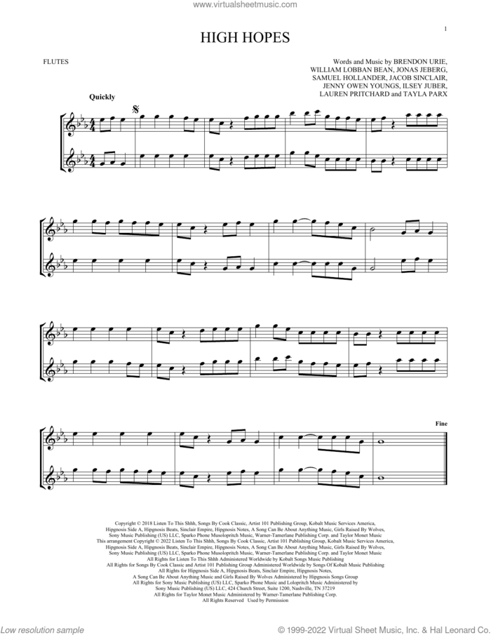 High Hopes sheet music for two flutes (duets) by Panic! At The Disco, Brendon Urie, Ilsey Juber, Jacob Sinclair, Jenny Owen Youngs, Jonas Jeberg, Lauren Pritchard, Sam Hollander, Tayla Parx and William Lobban Bean, intermediate skill level