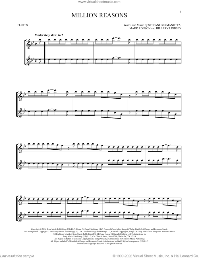 Million Reasons sheet music for two flutes (duets) by Lady Gaga, Hillary Lindsey and Mark Ronson, intermediate skill level