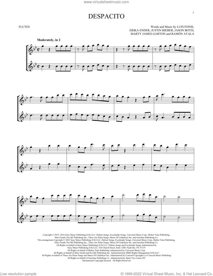 Despacito sheet music for two flutes (duets) by Luis Fonsi & Daddy Yankee feat. Justin Bieber, Erika Ender, Luis Fonsi and Ramon Ayala, intermediate skill level