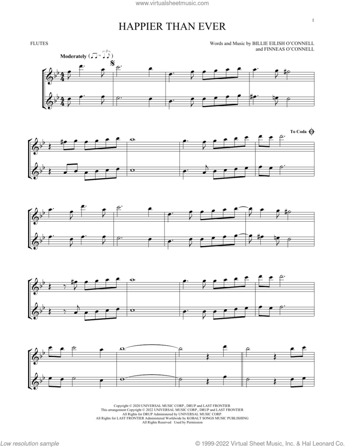 Happier Than Ever sheet music for two flutes (duets) by Billie Eilish, intermediate skill level