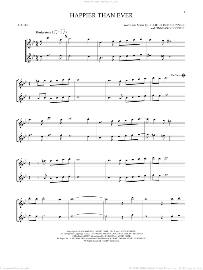 Happier Than Ever sheet music for two flutes (duets) by Billie Eilish, intermediate skill level