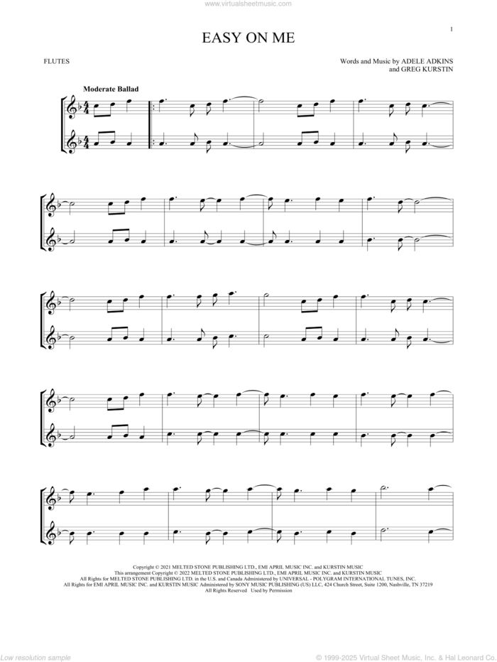 Easy On Me sheet music for two flutes (duets) by Adele, Adele Adkins and Greg Kurstin, intermediate skill level