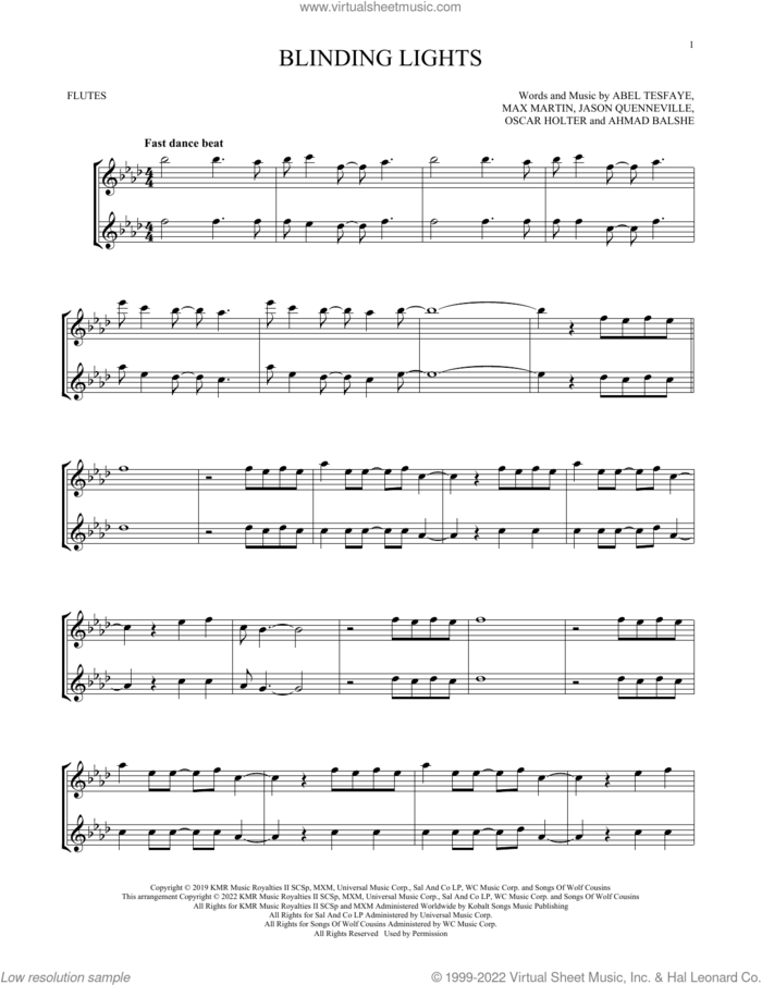 Blinding Lights sheet music for two flutes (duets) by The Weeknd, Abel Tesfaye, Ahmad Balshe, Jason Quenneville, Max Martin and Oscar Holter, intermediate skill level