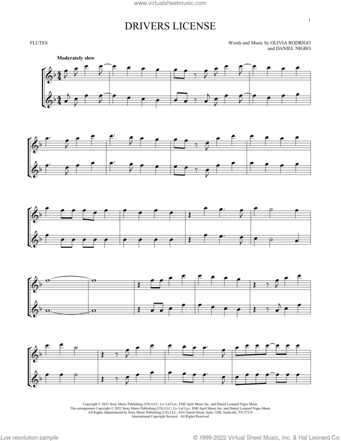 Drivers License sheet music for two flutes (duets) by Olivia Rodrigo and Daniel Nigro, intermediate skill level