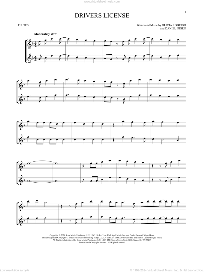 Drivers License sheet music for two flutes (duets) by Olivia Rodrigo and Daniel Nigro, intermediate skill level