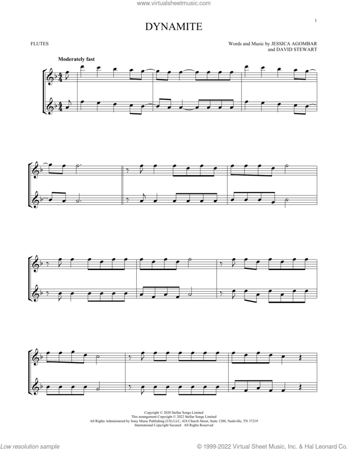 Dynamite sheet music for two flutes (duets) by BTS, Dave Stewart and Jessica Agombar, intermediate skill level