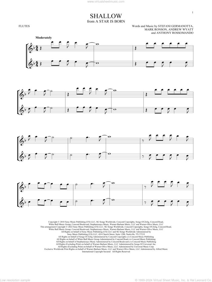 Shallow (from A Star Is Born) sheet music for two flutes (duets) by Lady Gaga & Bradley Cooper, Andrew Wyatt, Anthony Rossomando, Lady Gaga and Mark Ronson, intermediate skill level