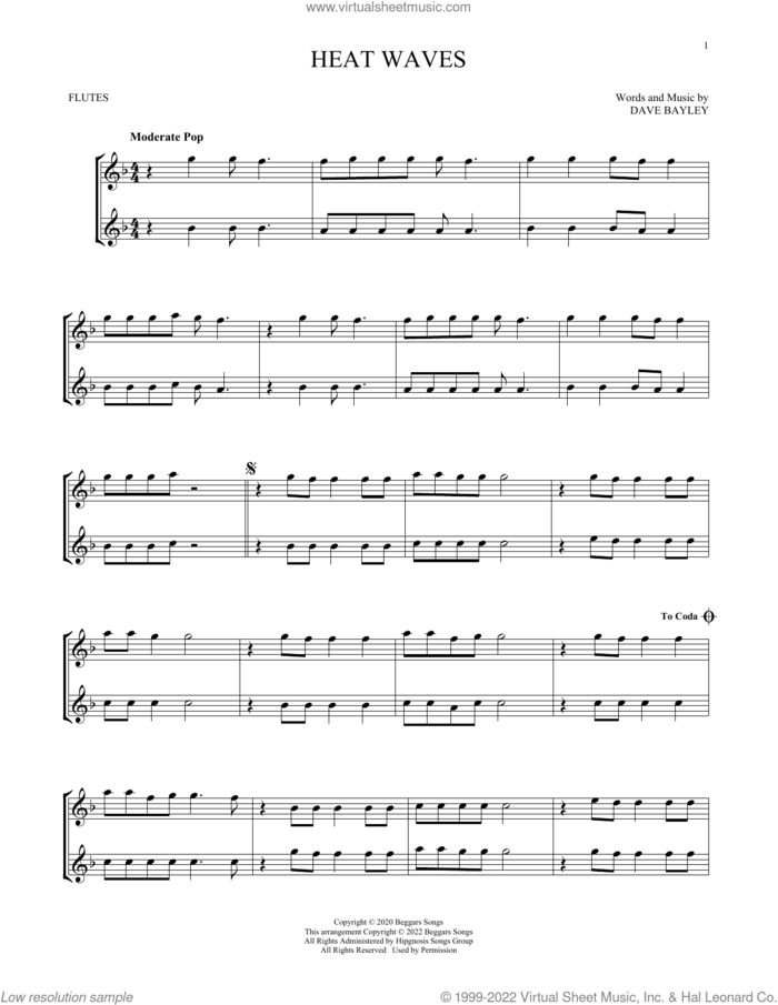 Heat Waves sheet music for two flutes (duets) by Glass Animals and Dave Bayley, intermediate skill level