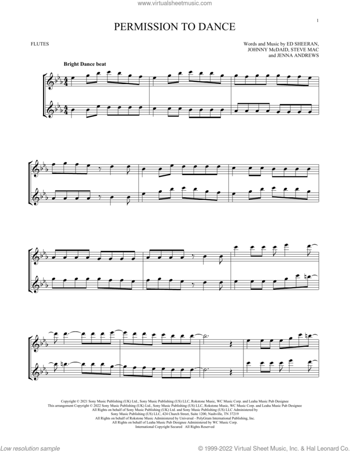 Permission To Dance sheet music for two flutes (duets) by BTS, Ed Sheeran, Jenna Andrews, Johnny McDaid and Steve Mac, intermediate skill level