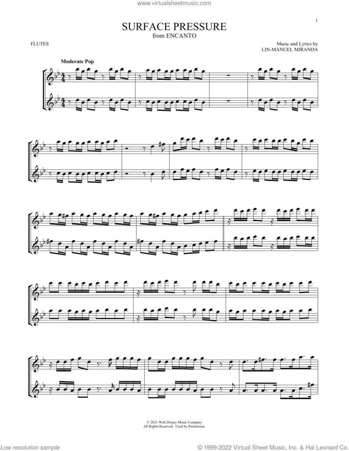 Surface Pressure (from Encanto) sheet music for two flutes (duets) by Lin-Manuel Miranda, intermediate skill level