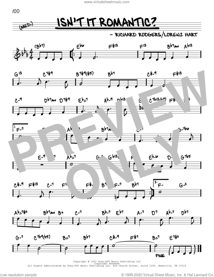 Isn't It Romantic? (arr. David Hazeltine) sheet music for voice and other instruments (real book) by Richard Rodgers, David Hazeltine, Lorenz Hart and Rodgers & Hart, intermediate skill level