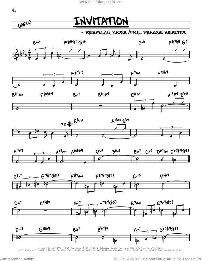 Invitation (arr. David Hazeltine) sheet music for voice and other instruments (real book) by Paul Francis Webster, David Hazeltine and Bronislau Kaper, intermediate skill level
