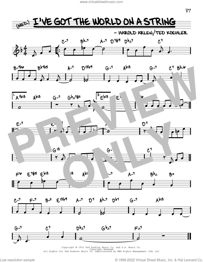 I've Got The World On A String (arr. David Hazeltine) sheet music for voice and other instruments (real book) by Harold Arlen, David Hazeltine and Ted Koehler, intermediate skill level