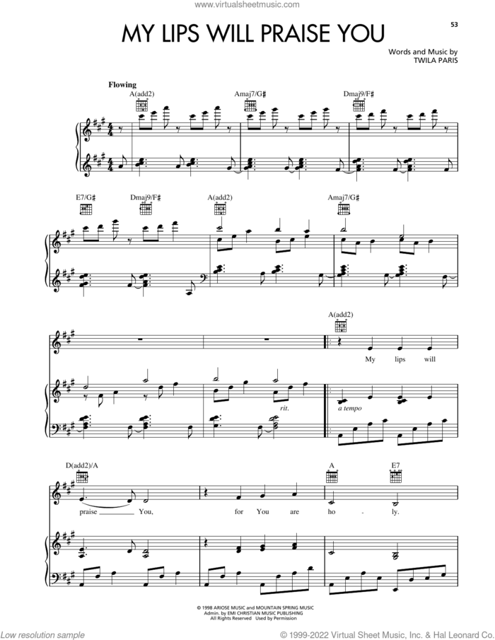 My Lips Will Praise You sheet music for voice, piano or guitar by Twila Paris, intermediate skill level