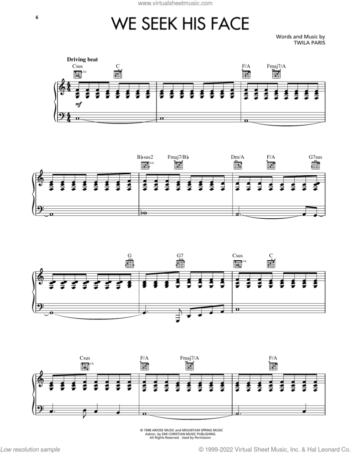 We Seek His Face sheet music for voice, piano or guitar by Twila Paris, intermediate skill level