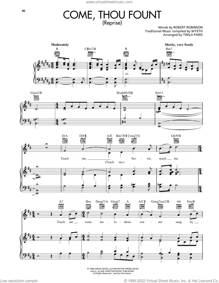 Come, Thou Fount (Reprise) sheet music for voice, piano or guitar by Twila Paris, Robert Robinson and Traditional/Wyeth, intermediate skill level