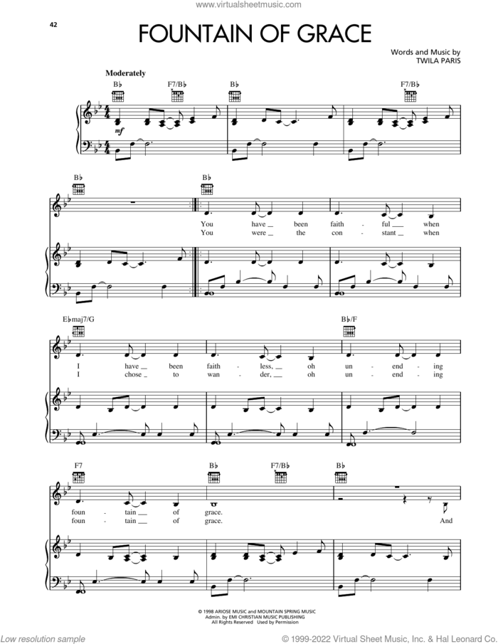 Fountain Of Grace sheet music for voice, piano or guitar by Twila Paris, intermediate skill level