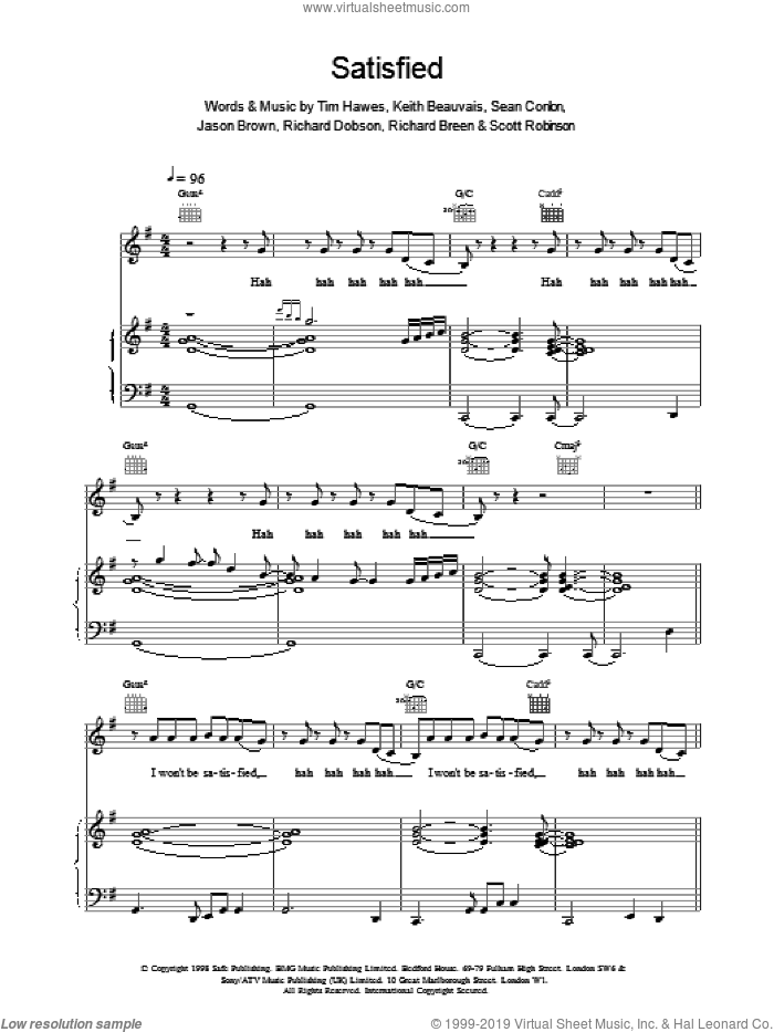 Satisfied sheet music for voice, piano or guitar by Ben Folds Five, intermediate skill level
