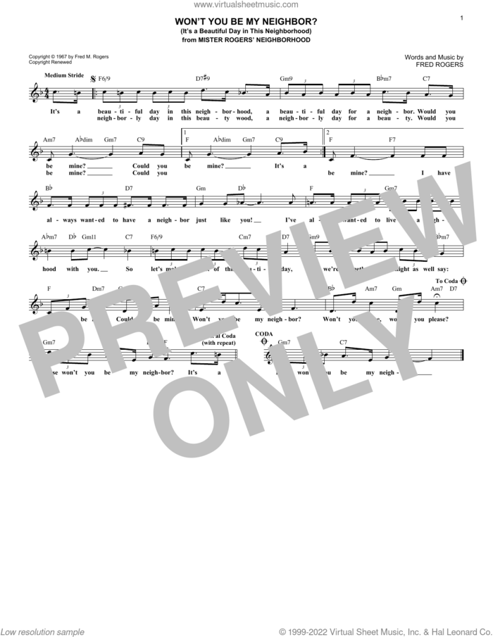 Won't You Be My Neighbor? (It's A Beautiful Day In The Neighborhood) sheet music for voice and other instruments (fake book) by Fred Rogers, intermediate skill level