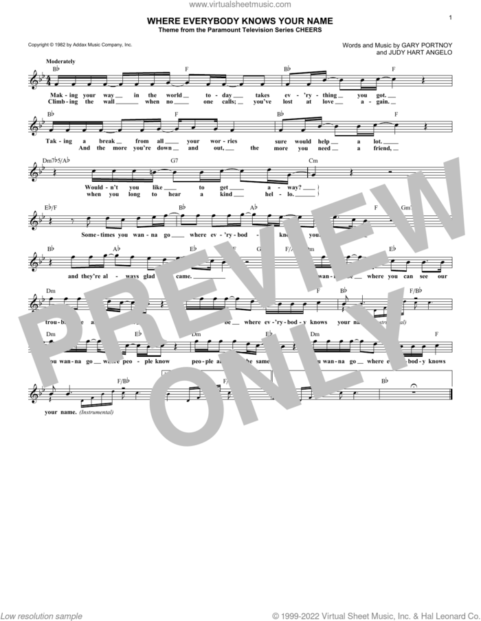 Where Everybody Knows Your Name (Theme from Cheers) sheet music for voice and other instruments (fake book) by Gary Portnoy, Robert Laughlin and Judy Hart Angelo, intermediate skill level