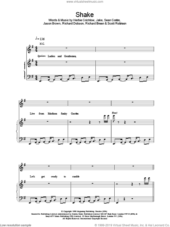 Shake sheet music for voice, piano or guitar by Ben Folds Five, intermediate skill level
