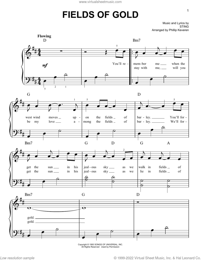 Fields Of Gold (arr. Phillip Keveren), (easy) (arr. Phillip Keveren) sheet music for piano solo by Sting and Phillip Keveren, easy skill level