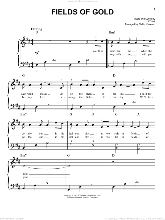 Fields Of Gold (arr. Phillip Keveren), (easy) (arr. Phillip Keveren) sheet music for piano solo by Sting and Phillip Keveren, easy skill level