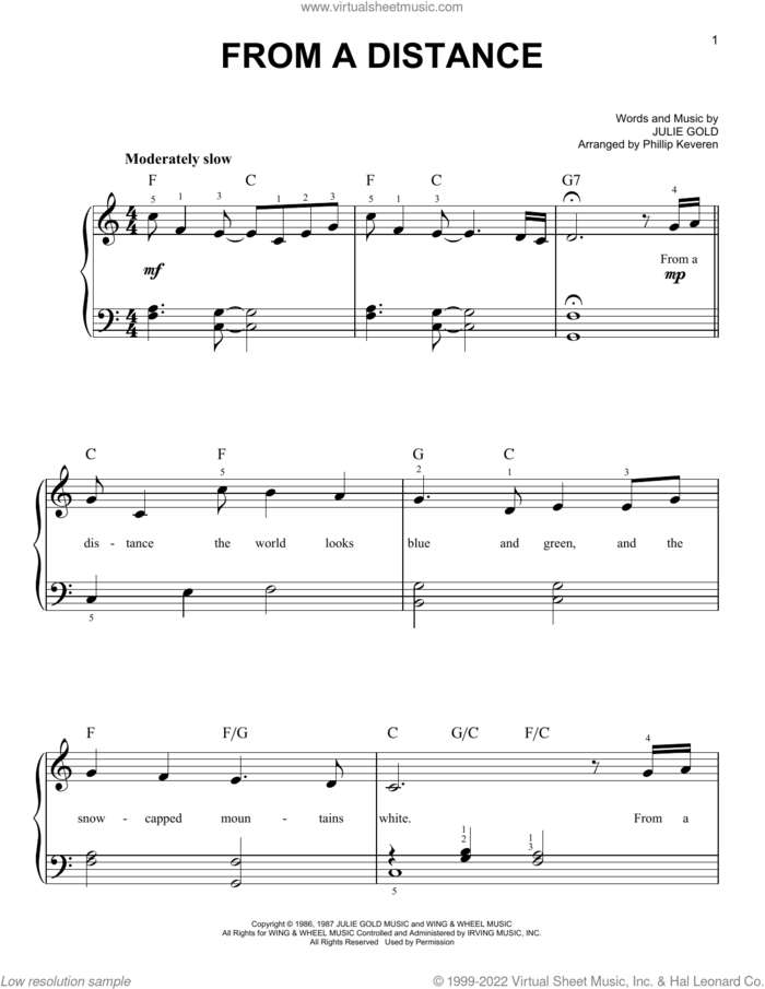 From A Distance (arr. Phillip Keveren) sheet music for piano solo by Bette Midler, Phillip Keveren and Julie Gold, easy skill level