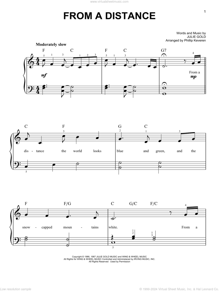 From A Distance (arr. Phillip Keveren) sheet music for piano solo by Bette Midler, Phillip Keveren and Julie Gold, easy skill level