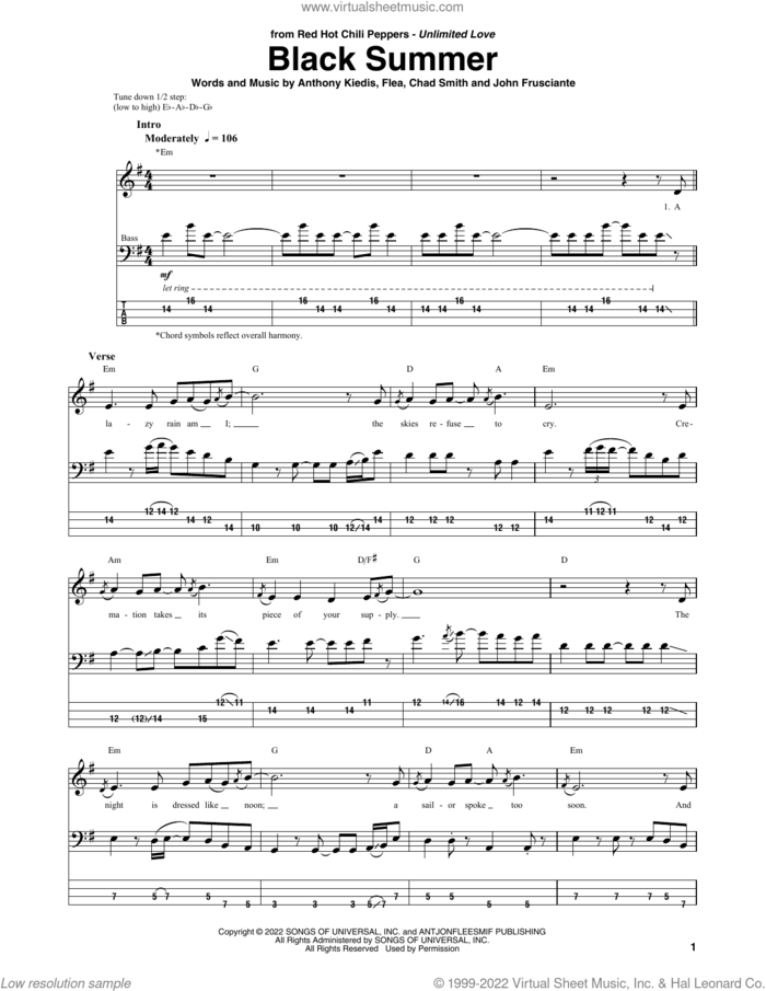 Black Summer sheet music for bass (tablature) (bass guitar) by Red Hot Chili Peppers, Anthony Kiedis, Chad Smith, Flea and John Frusciante, intermediate skill level