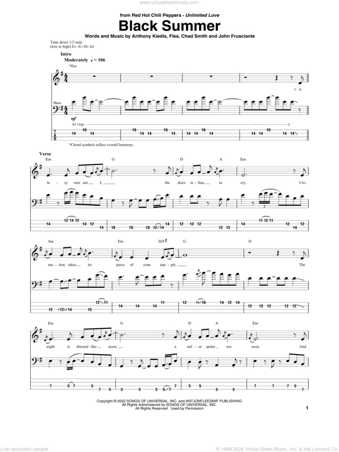 Black Summer sheet music for bass (tablature) (bass guitar) by Red Hot Chili Peppers, Anthony Kiedis, Chad Smith, Flea and John Frusciante, intermediate skill level