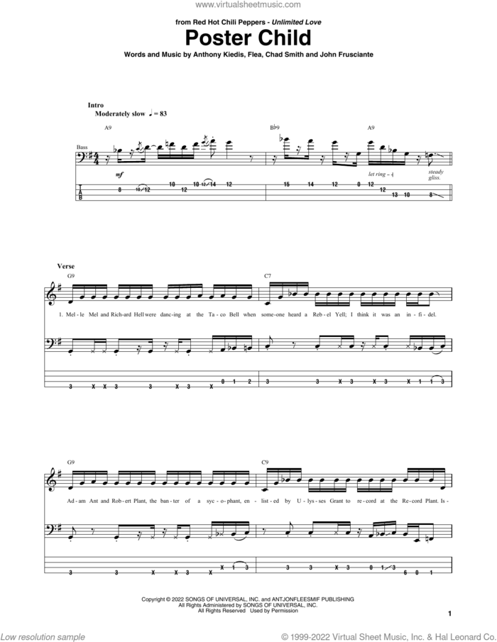 Poster Child sheet music for bass (tablature) (bass guitar) by Red Hot Chili Peppers, Anthony Kiedis, Chad Smith, Flea and John Frusciante, intermediate skill level