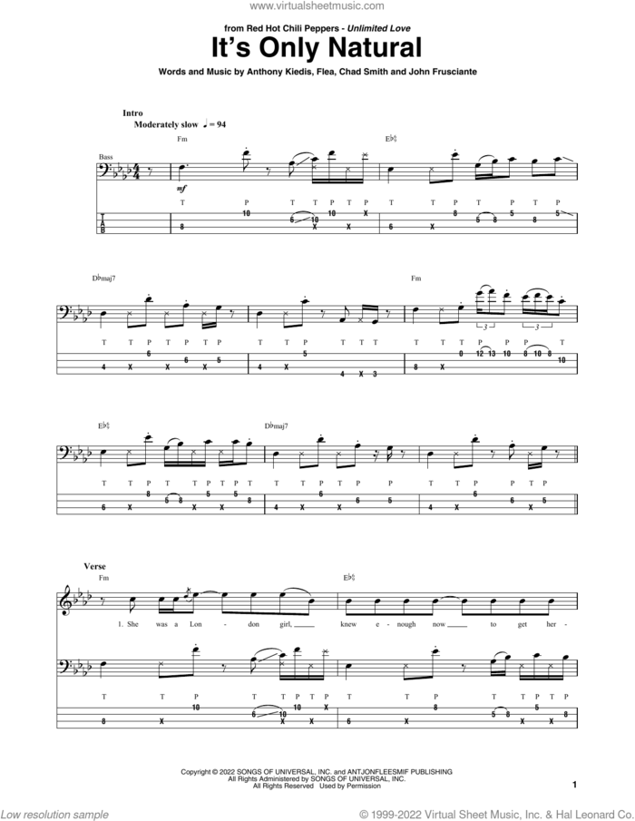 It's Only Natural sheet music for bass (tablature) (bass guitar) by Red Hot Chili Peppers, Anthony Kiedis, Chad Smith, Flea and John Frusciante, intermediate skill level