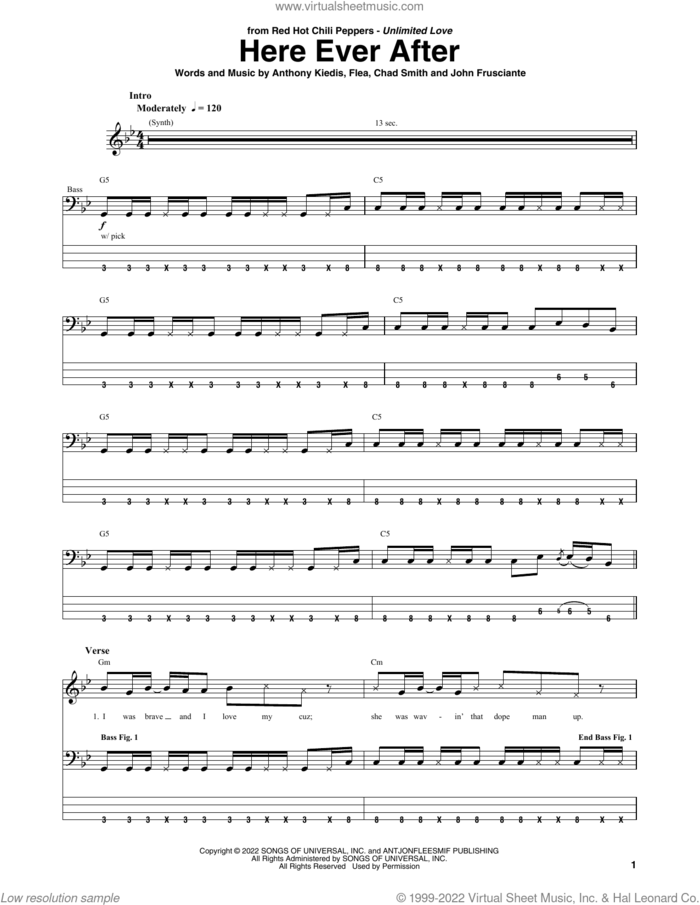 Here Ever After sheet music for bass (tablature) (bass guitar) by Red Hot Chili Peppers, Anthony Kiedis, Chad Smith, Flea and John Frusciante, intermediate skill level