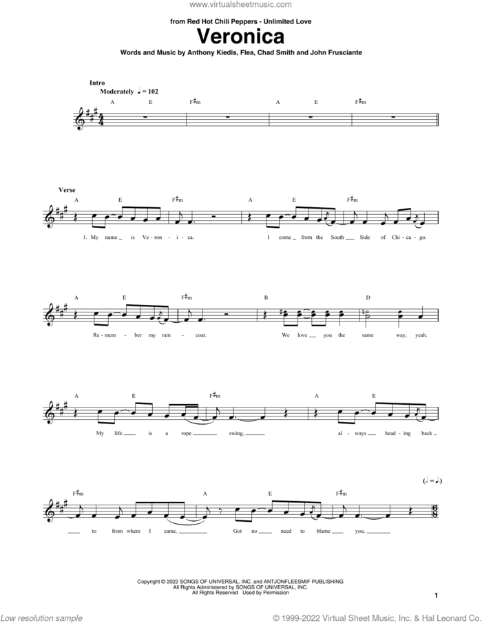 Veronica sheet music for bass (tablature) (bass guitar) by Red Hot Chili Peppers, Anthony Kiedis, Chad Smith, Flea and John Frusciante, intermediate skill level