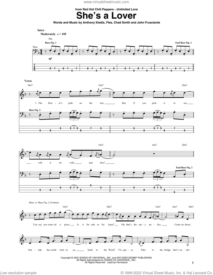 She's A Lover sheet music for bass (tablature) (bass guitar) by Red Hot Chili Peppers, Anthony Kiedis, Chad Smith, Flea and John Frusciante, intermediate skill level