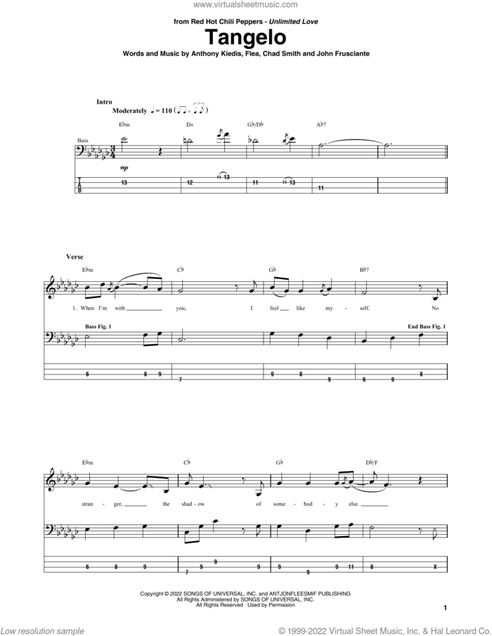 Tangelo sheet music for bass (tablature) (bass guitar) by Red Hot Chili Peppers, Anthony Kiedis, Chad Smith, Flea and John Frusciante, intermediate skill level